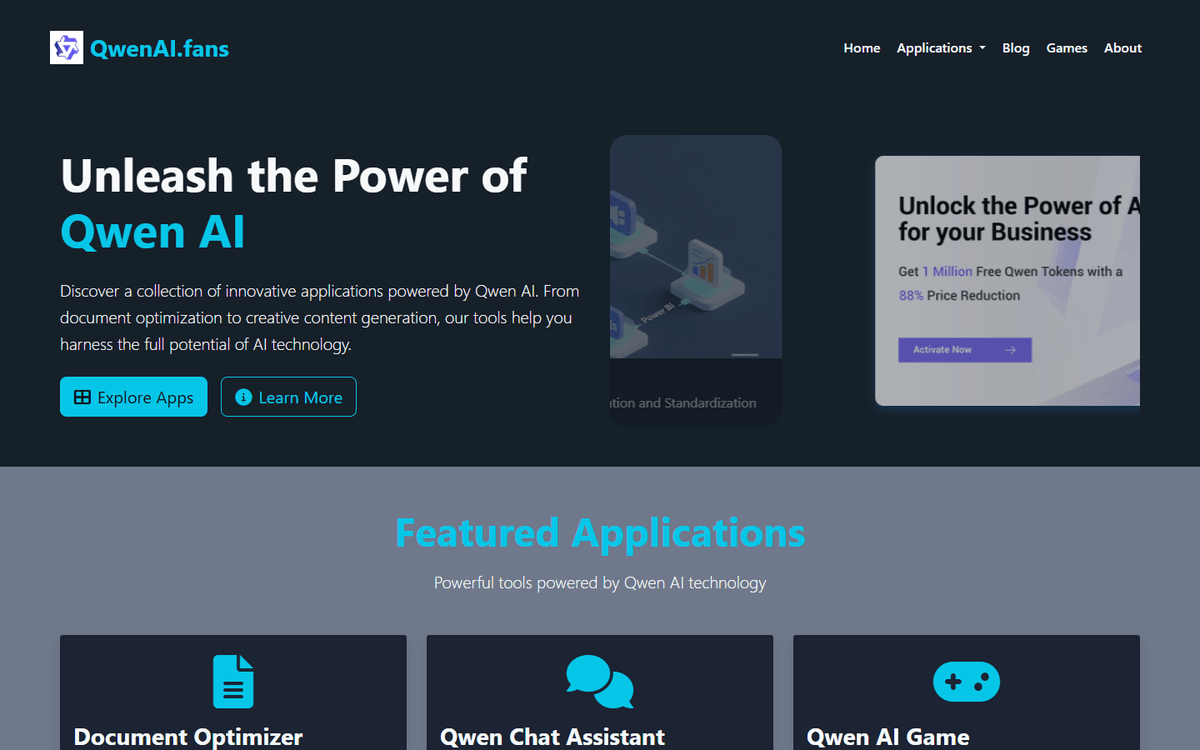 QwenAI.fans homepage introducing a collection of task-focused Qwen applications. QwenAI.fans homepage introducing a collection of task-focused Qwen applications.