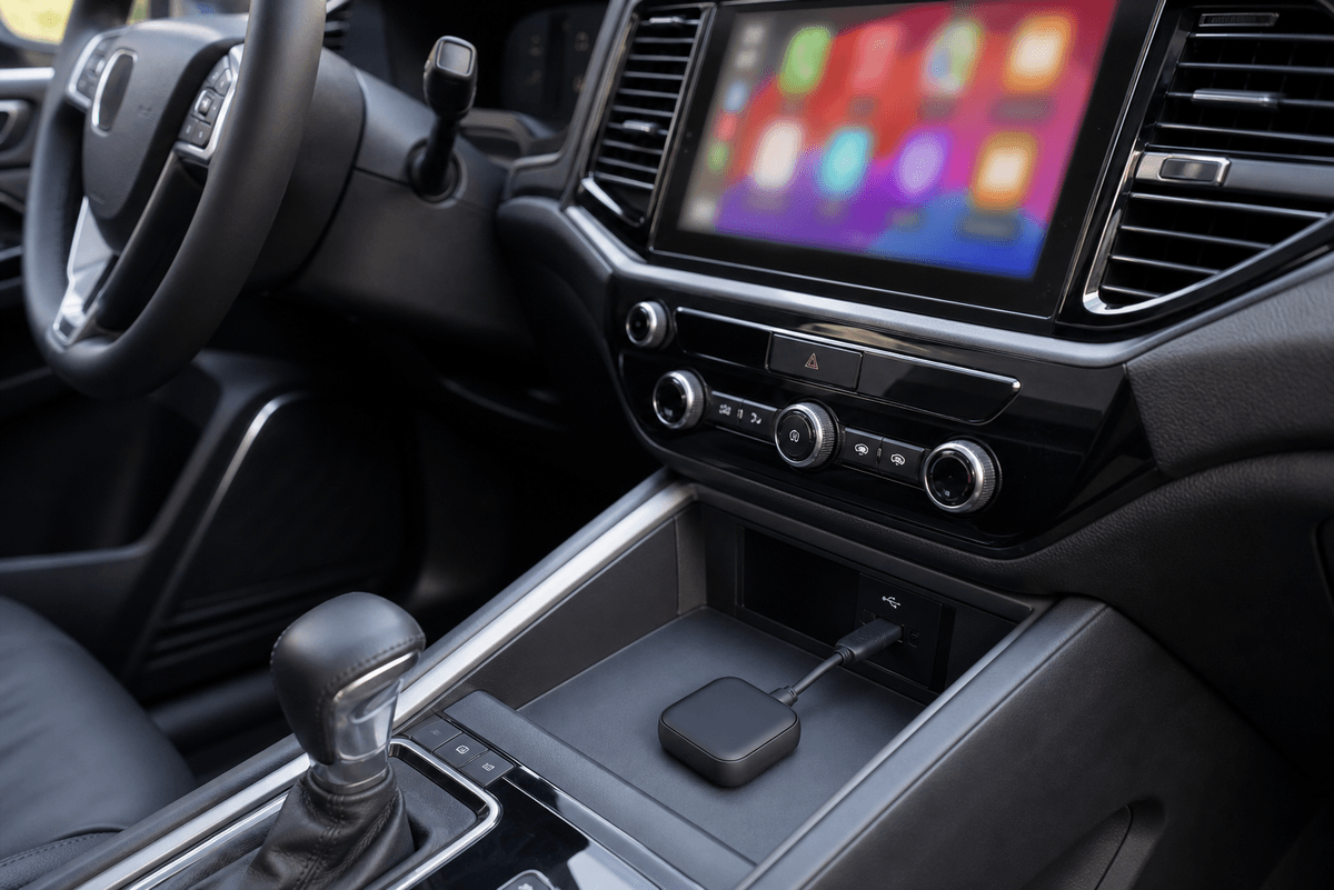 Wireless CarPlay adapter plugged into a vehicle USB port Wireless CarPlay adapter plugged into a vehicle USB port