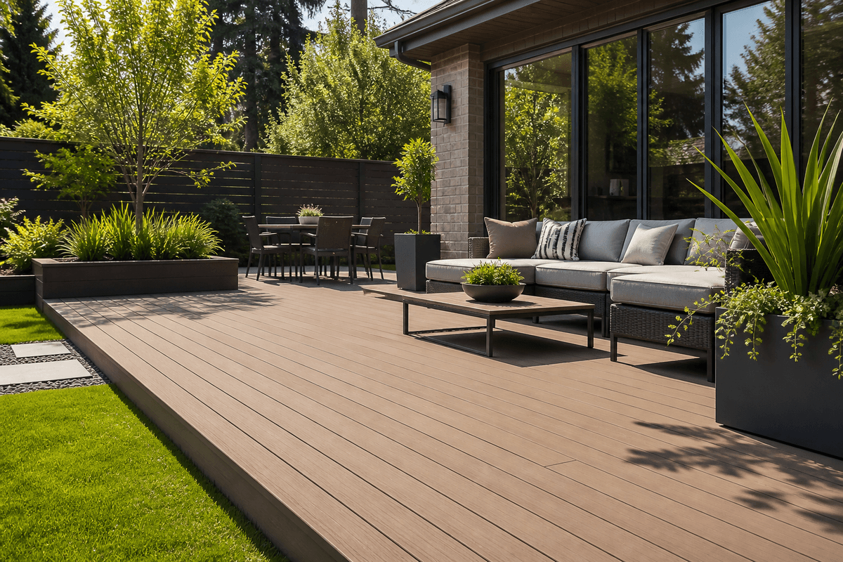 Finished composite deck that fits a modern backyard layout Finished composite deck that fits a modern backyard layout