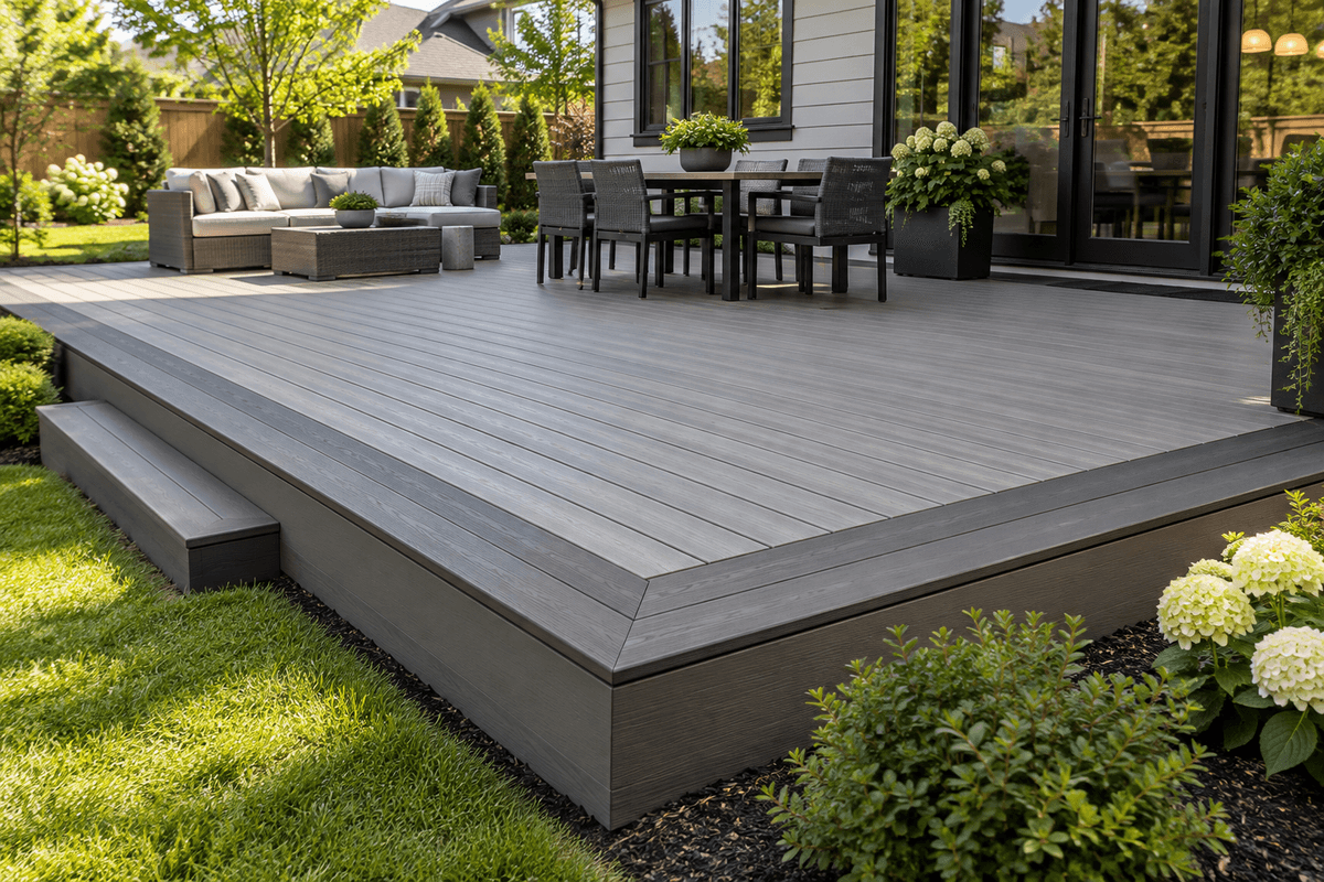 Composite deck with contrasting picture-frame border Composite deck with contrasting picture-frame border