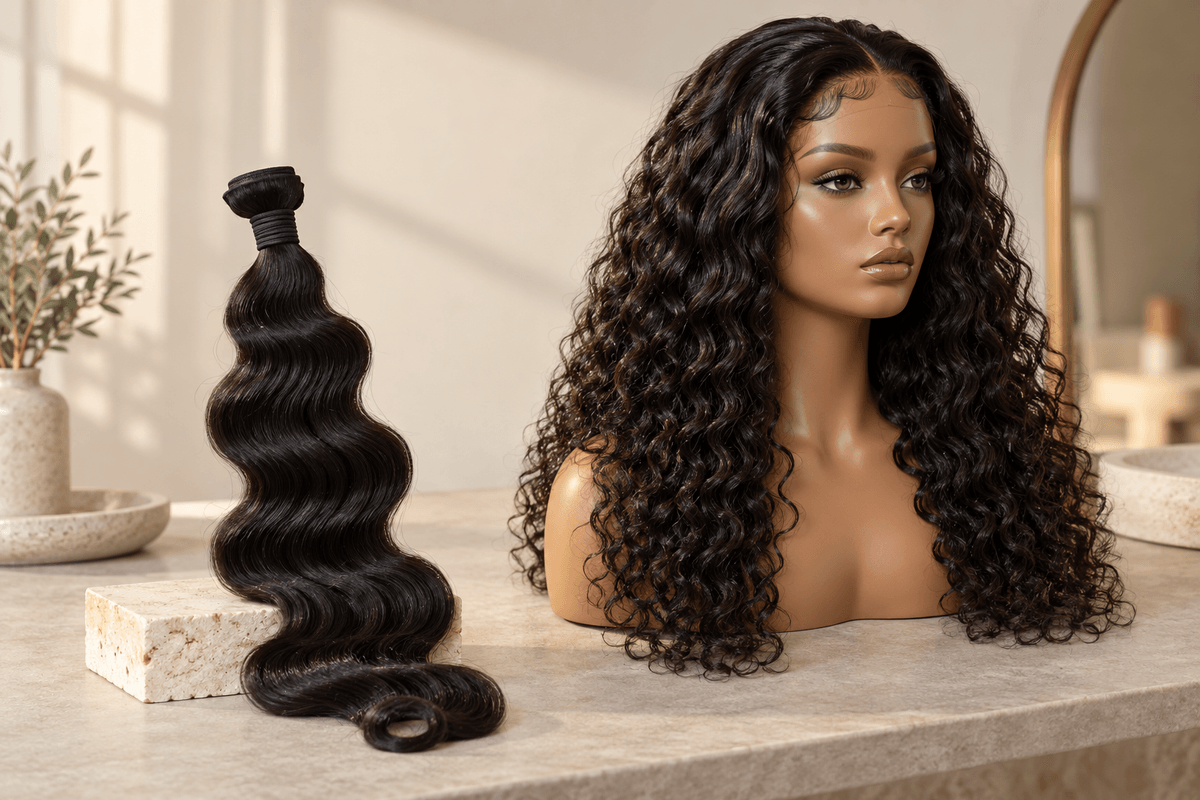 Loose dark wave hair sample and finished curly wig displayed as different product categories. Loose dark wave hair sample and finished curly wig displayed as different product categories.