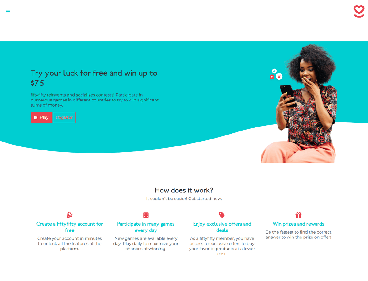 FiftyFifty English homepage explaining free contests, offers, account creation, and rewards. FiftyFifty English homepage explaining free contests, offers, account creation, and rewards.