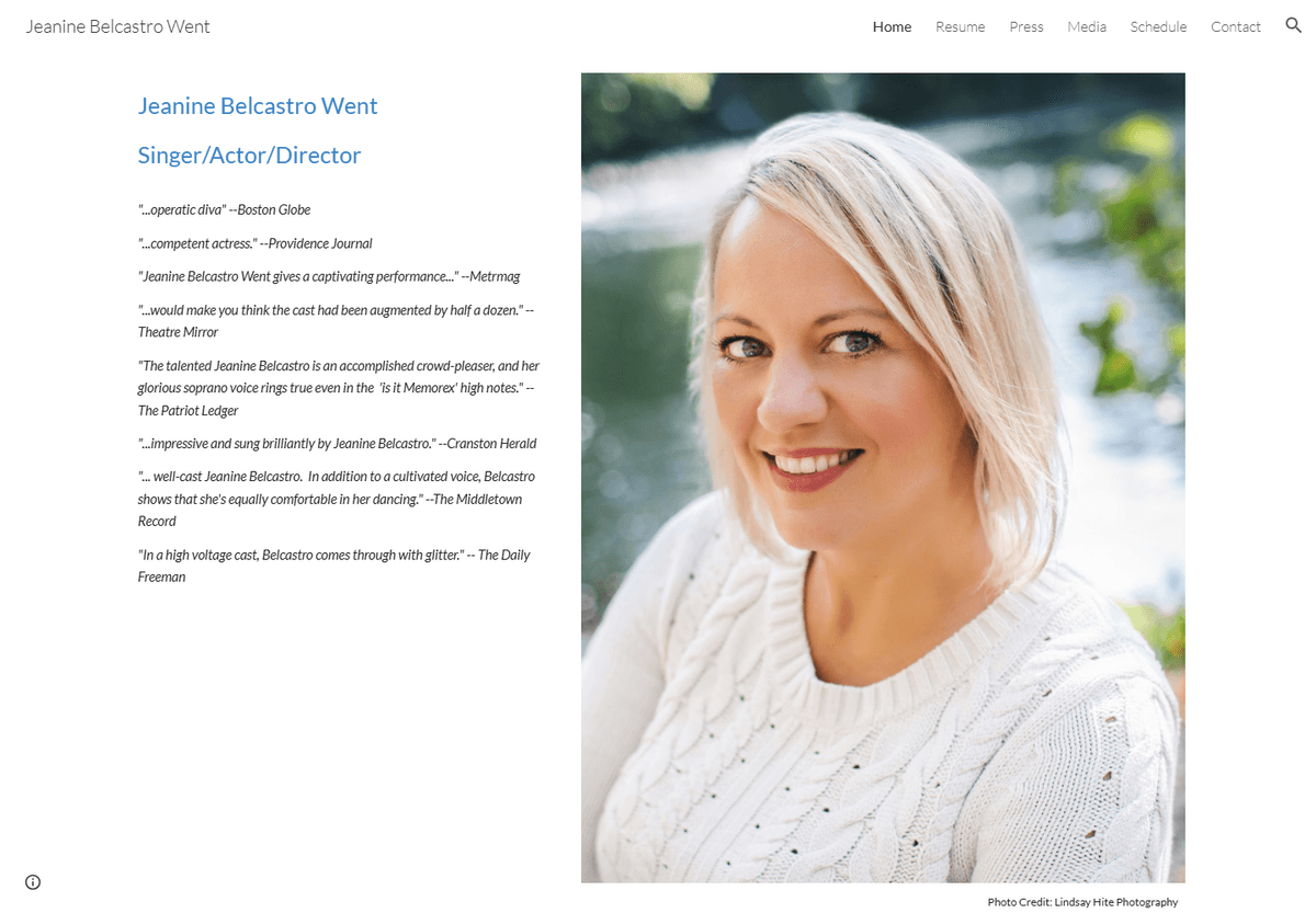 Resume page for Jeanine Belcastro Went with her professional headshot and performing-arts credentials. Resume page for Jeanine Belcastro Went with her professional headshot and performing-arts credentials.