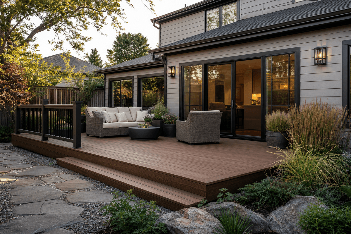 Wood look composite deck coordinated with modern house siding Wood look composite deck coordinated with modern house siding