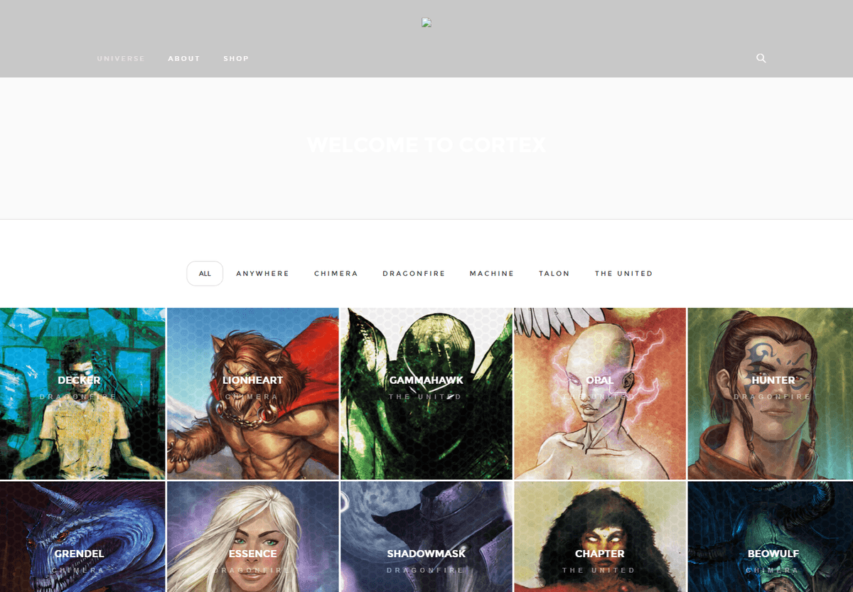 Heroverse Cortex directory with team filters and illustrated tiles for characters including Decker, Lionheart, Gammahawk, and Opal. Heroverse Cortex directory with team filters and illustrated tiles for characters including Decker, Lionheart, Gammahawk, and Opal.
