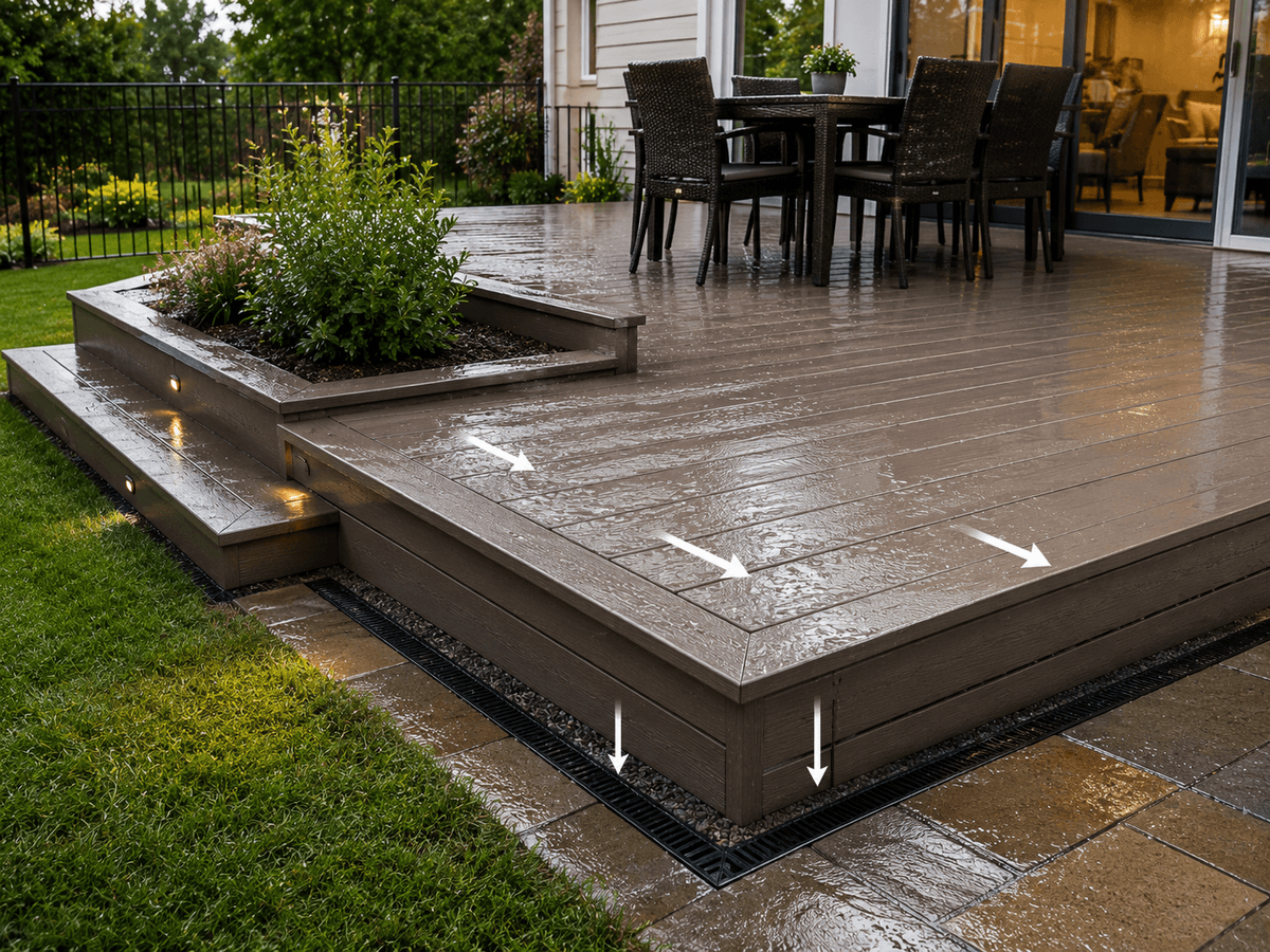 Composite decking after rain with clean water runoff and good drainage Composite decking after rain with clean water runoff and good drainage