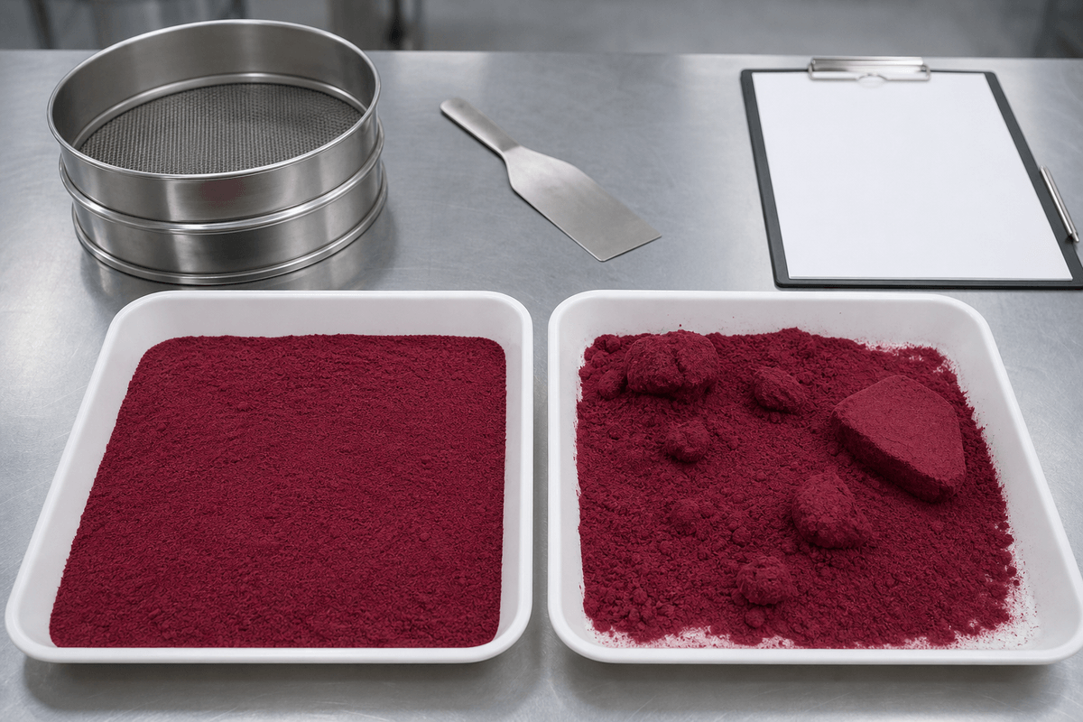 free-flowing and caked freeze-dried fruit powder samples compared in quality control free-flowing and caked freeze-dried fruit powder samples compared in quality control