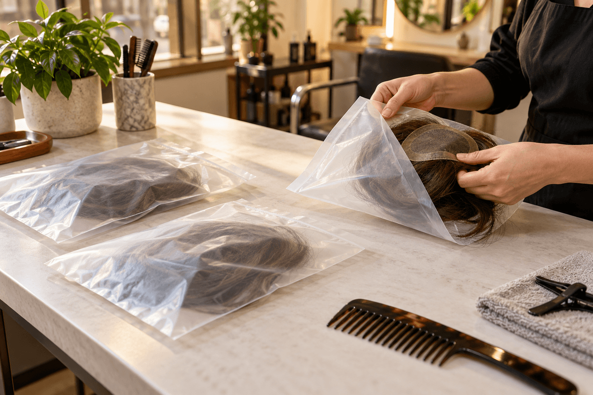 Small pilot order of individually packed wig samples ready for quality inspection. Small pilot order of individually packed wig samples ready for quality inspection.