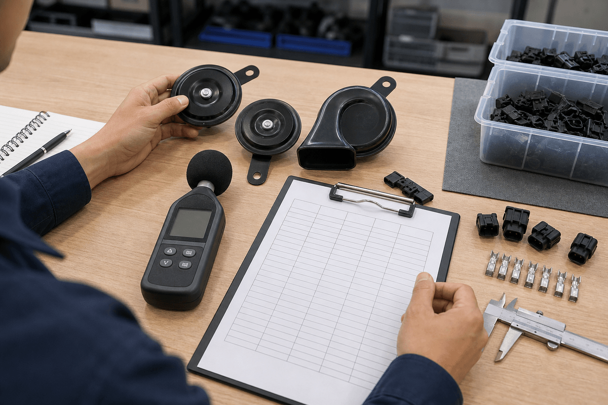 Buyer comparing sound level and frequency records for car horn samples Buyer comparing sound level and frequency records for car horn samples
