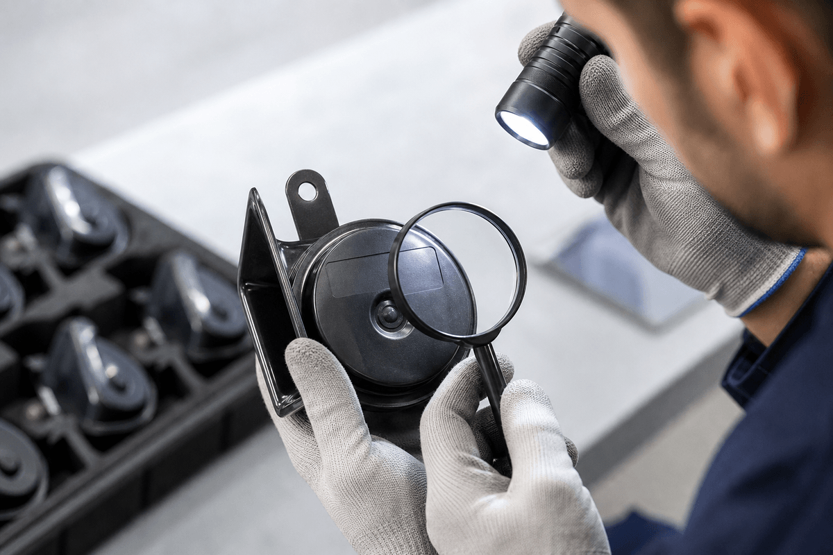 Buyer verifying E-mark horn sample markings Buyer verifying E-mark horn sample markings