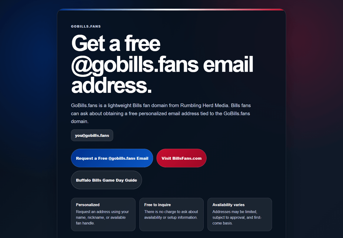 GoBills.fans page offering personalized fan email addresses with availability and setup details. GoBills.fans page offering personalized fan email addresses with availability and setup details.