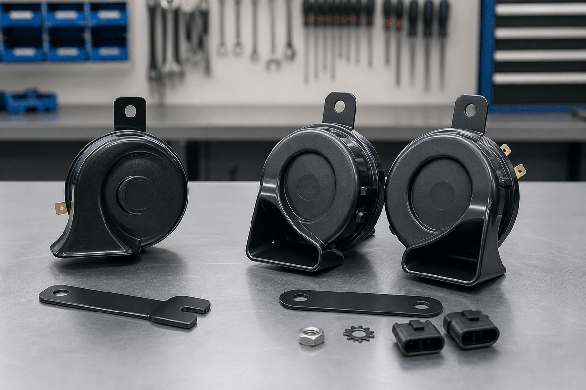 Dual tone and single tone car horn samples compared on workbench Dual tone and single tone car horn samples compared on workbench