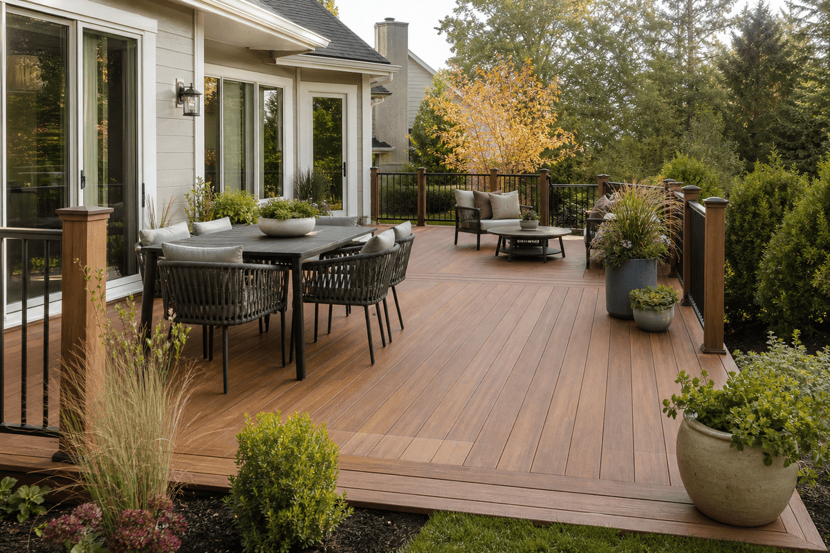 Finished backyard deck with natural-looking composite grain Finished backyard deck with natural-looking composite grain