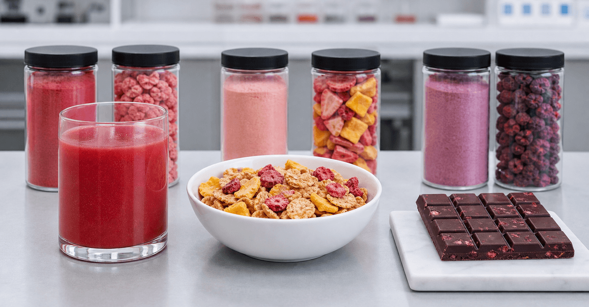 powder and fruit pieces evaluated in beverage, cereal, and chocolate applications powder and fruit pieces evaluated in beverage, cereal, and chocolate applications