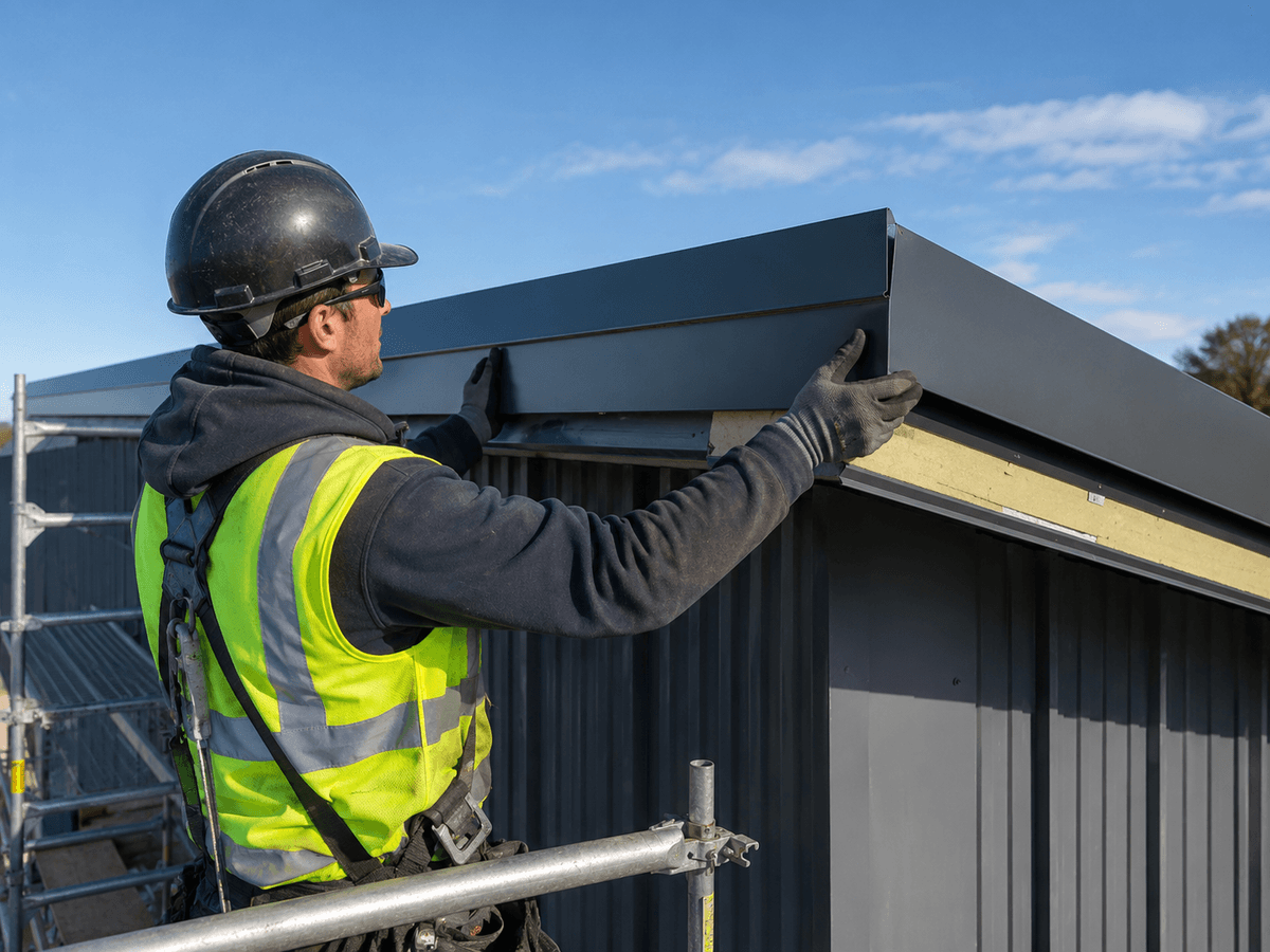 Installer fitting folded roof-edge profile on commercial building Installer fitting folded roof-edge profile on commercial building