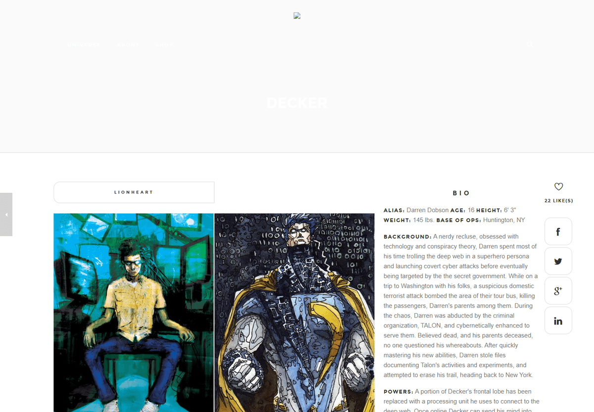 Decker character profile with two illustrations and a structured biography describing identity, background, and powers. Decker character profile with two illustrations and a structured biography describing identity, background, and powers.