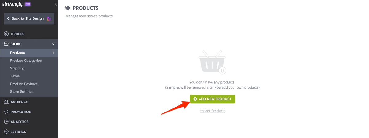 Strikingly product manager showing where a business begins adding product information Strikingly product manager showing where a business begins adding product information
