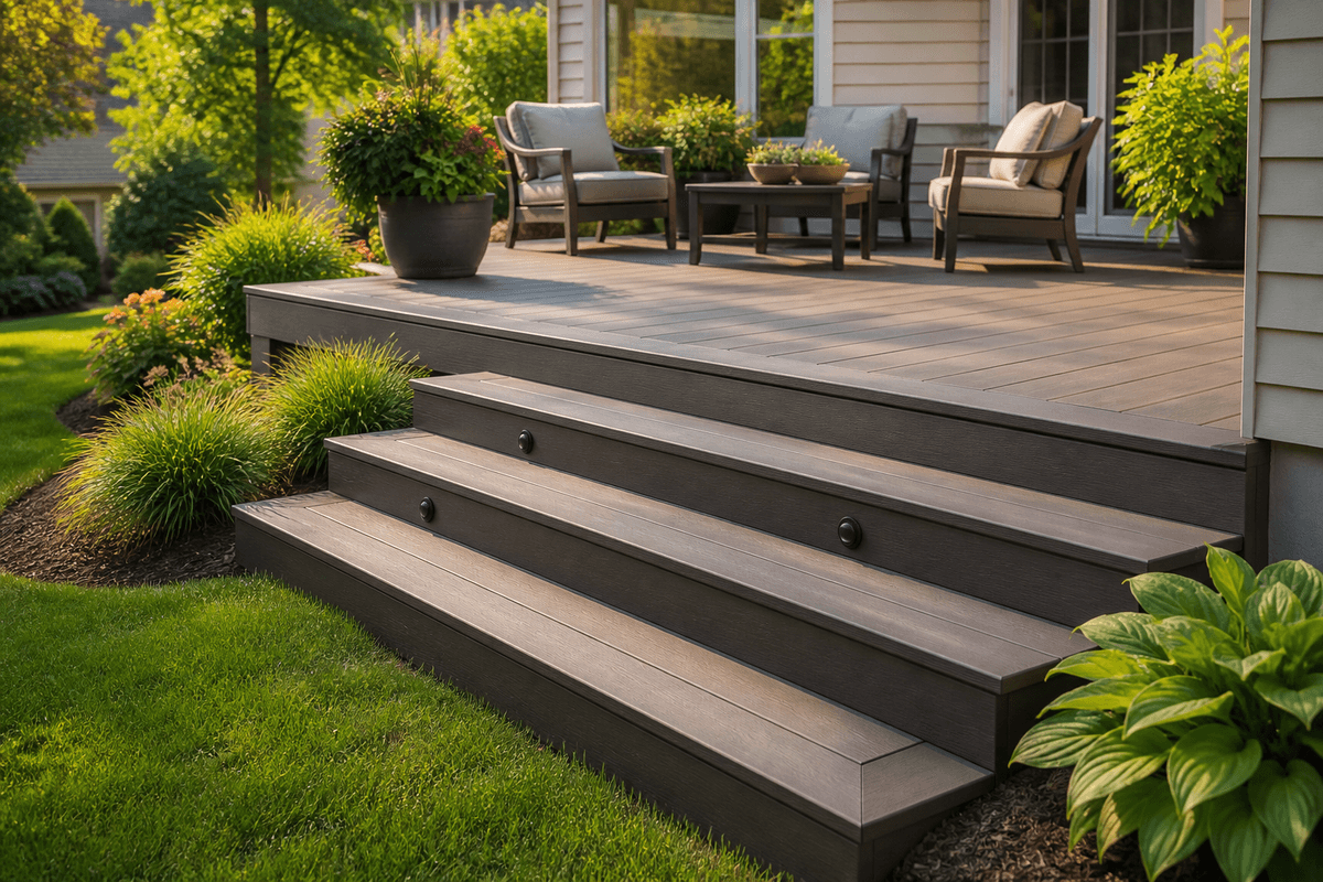 Solid composite decking used for clean stair and border details Prompt: Photorealistic backyard deck with solid composite decking on st Solid composite decking used for clean stair and border details Prompt: Photorealistic backyard deck with solid composite decking on st