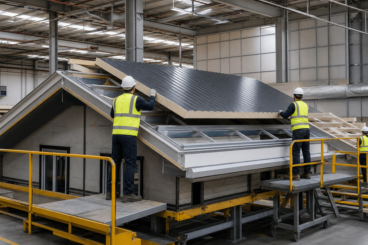 Panel PU para techo prefabricado instalado en módulo Panel PU para techo prefabricado instalado en módulo
