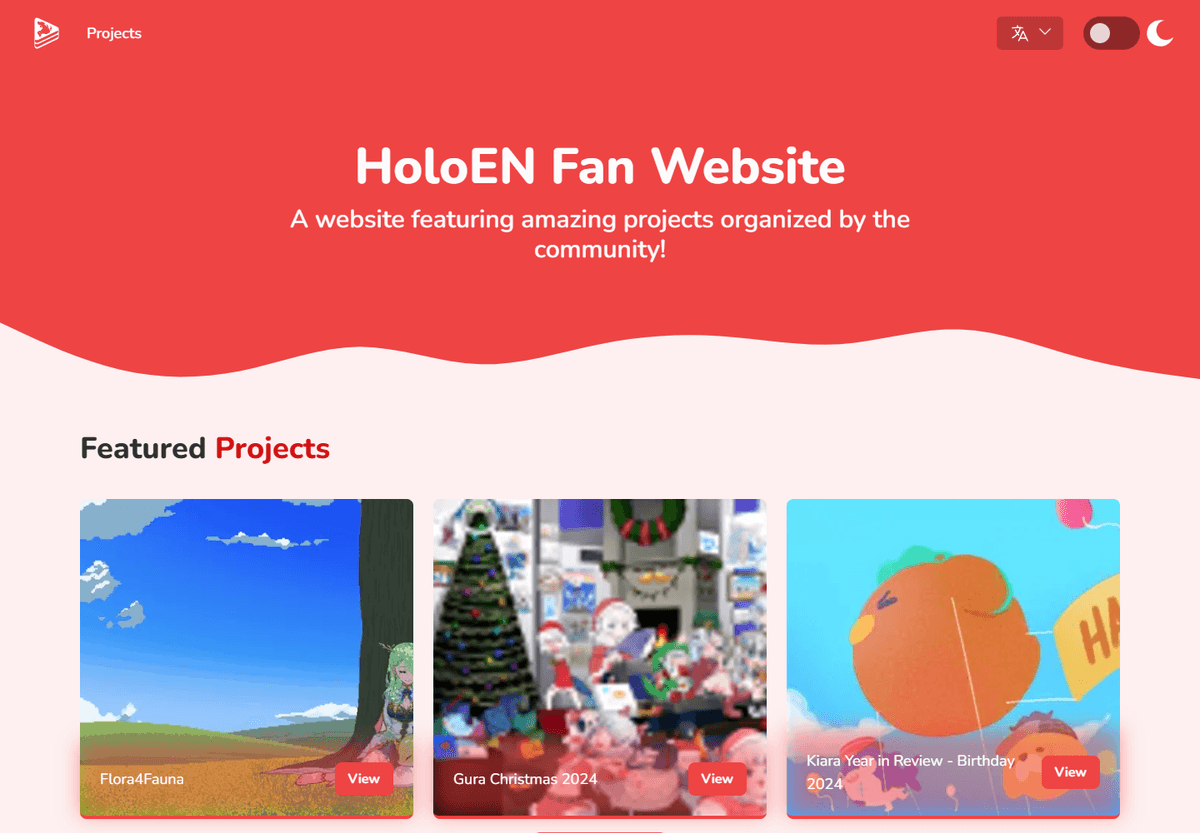 HoloEN.fans homepage with featured community projects and fan-made site navigation. HoloEN.fans homepage with featured community projects and fan-made site navigation.