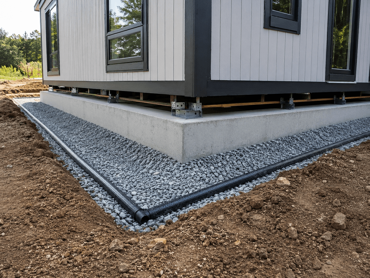 Base nivelada para prolongar vida útil de casa prefabricada Base nivelada para prolongar vida útil de casa prefabricada
