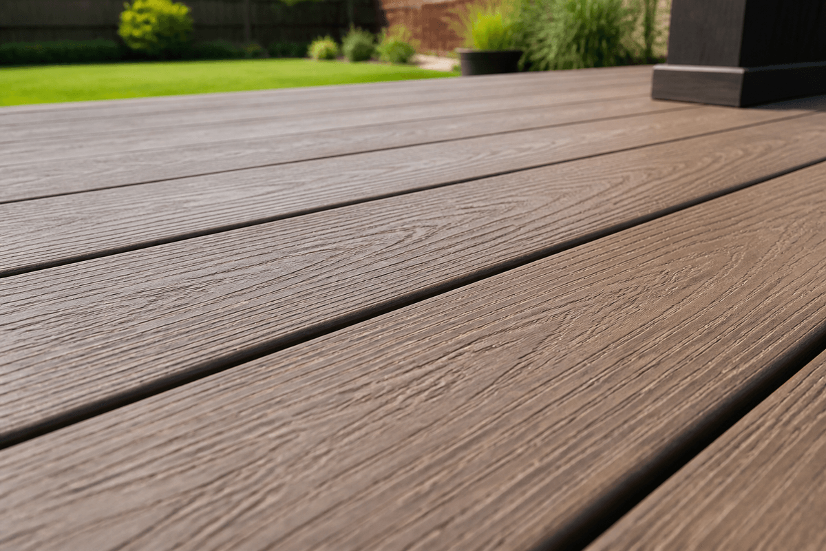 Composite wood deck boards with realistic wood-look grain Composite wood deck boards with realistic wood-look grain