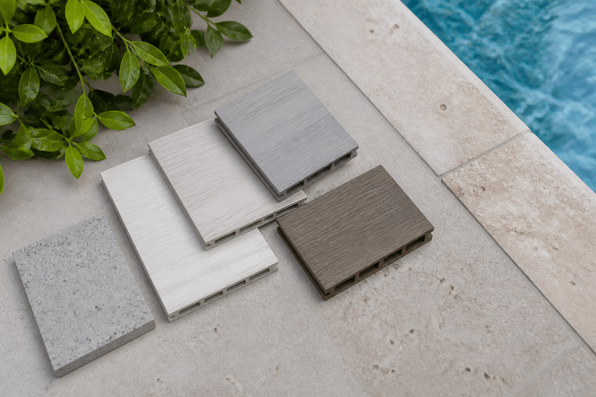 PVC decking material samples beside pool coping and composite boards PVC decking material samples beside pool coping and composite boards