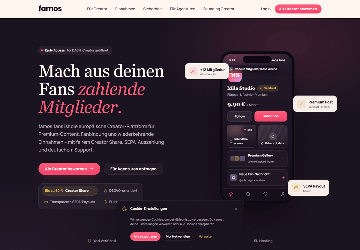 Famos homepage introducing creator memberships for the German-speaking European market. Famos homepage introducing creator memberships for the German-speaking European market.