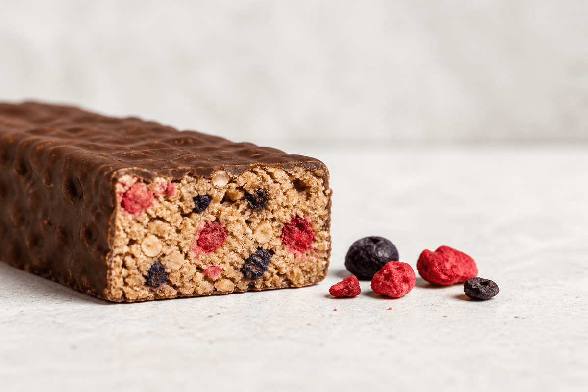 protein bar cross-section with visible freeze-dried fruit pieces protein bar cross-section with visible freeze-dried fruit pieces