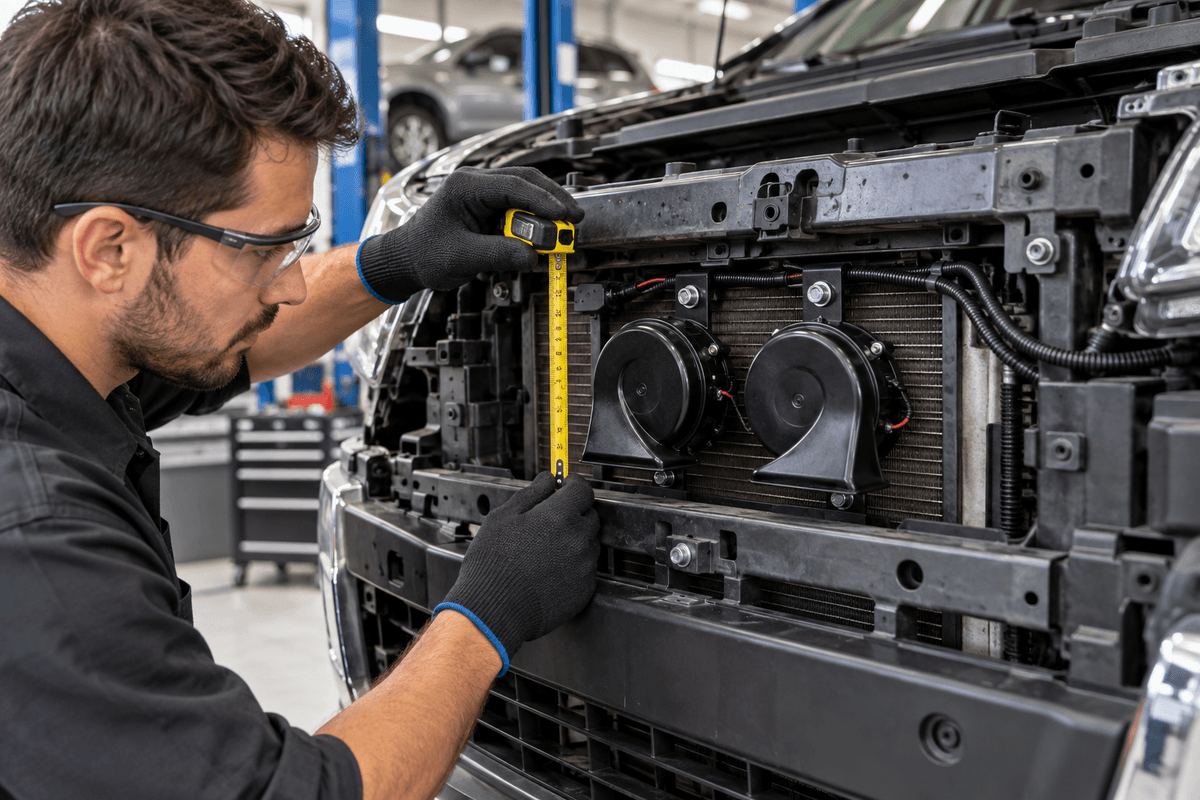 Technician checking mounting clearance for a dual horn pair behind a vehicle grille. Technician checking mounting clearance for a dual horn pair behind a vehicle grille.
