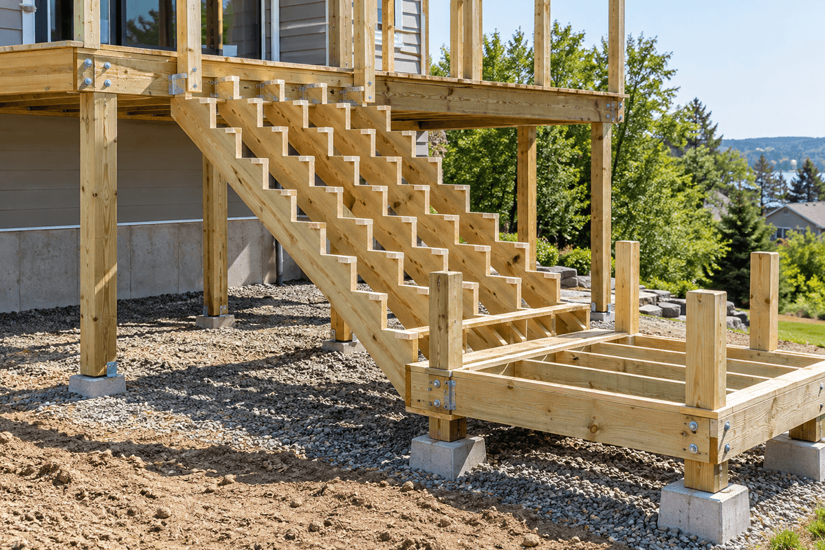 Composite deck stair framing with closely spaced stringers Composite deck stair framing with closely spaced stringers