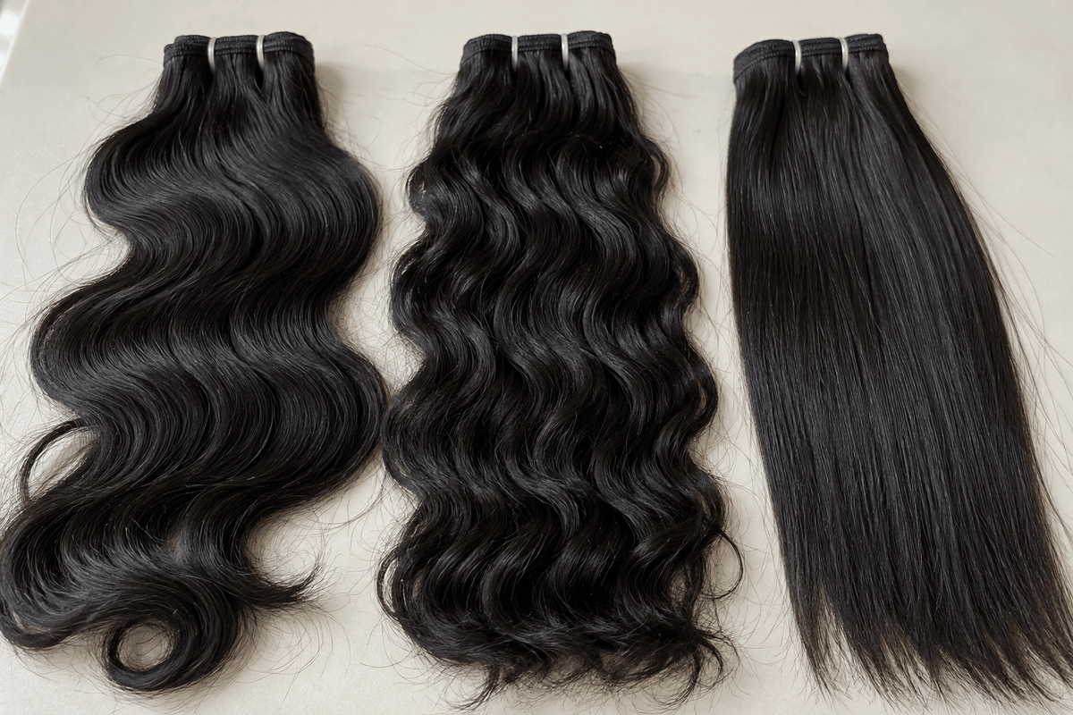 Salon buyer checking the color blend of a human hair topper beside natural hair. Salon buyer checking the color blend of a human hair topper beside natural hair.