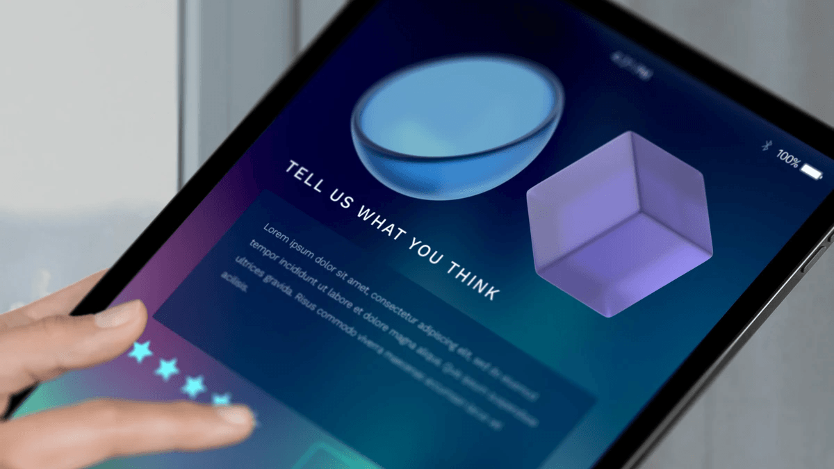 Customer entering a feedback rating on a tablet after using a service Customer entering a feedback rating on a tablet after using a service