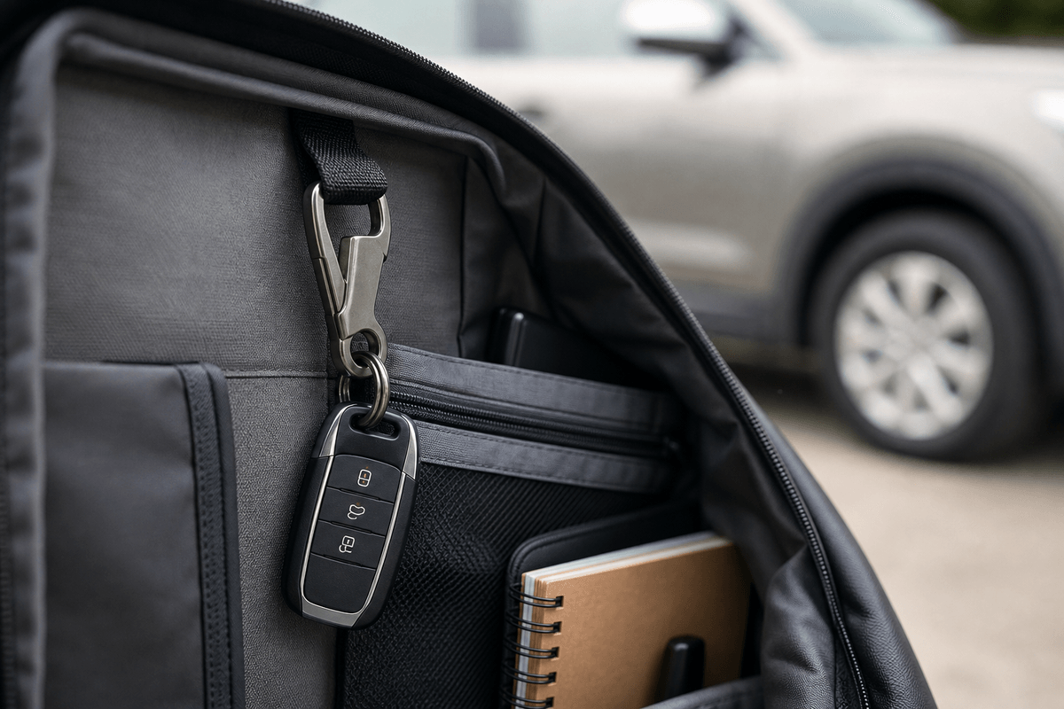 Belt-clip keychain secured to an interior commuter bag loop Belt-clip keychain secured to an interior commuter bag loop