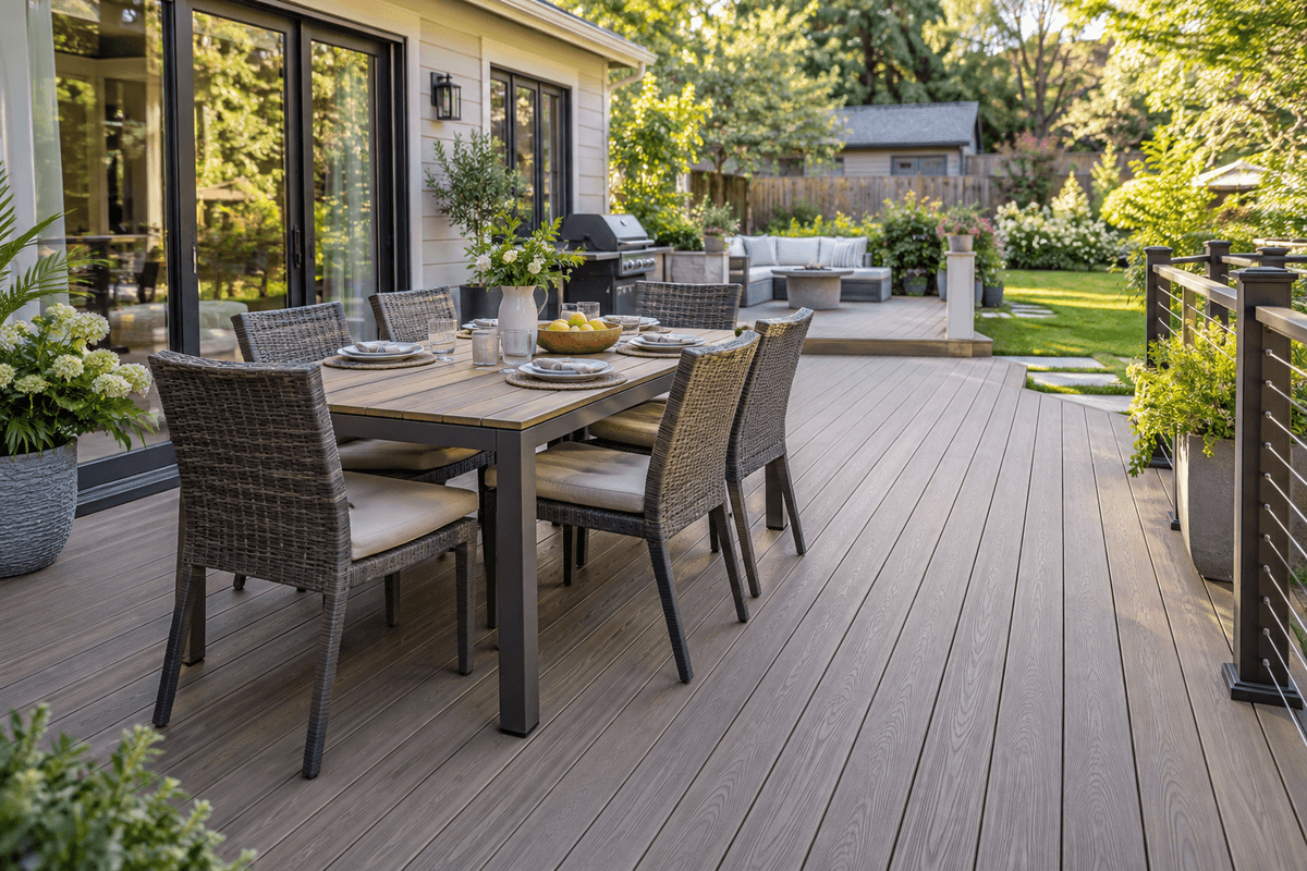 Busy family outdoor space finished with composite decking Busy family outdoor space finished with composite decking