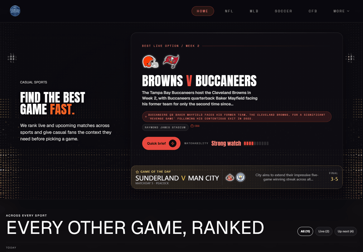 Casual Sports homepage highlighting a recommended live game and ranked alternatives. Casual Sports homepage highlighting a recommended live game and ranked alternatives.