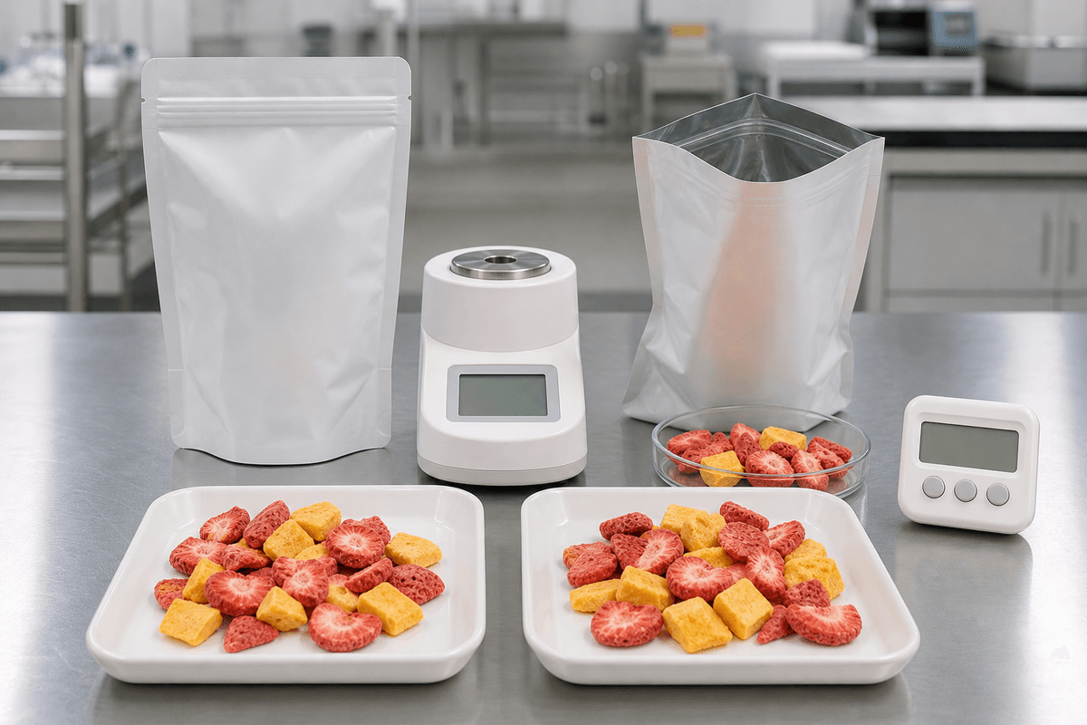 sealed and opened freeze-dried fruit packs compared during a humidity exposure trial sealed and opened freeze-dried fruit packs compared during a humidity exposure trial