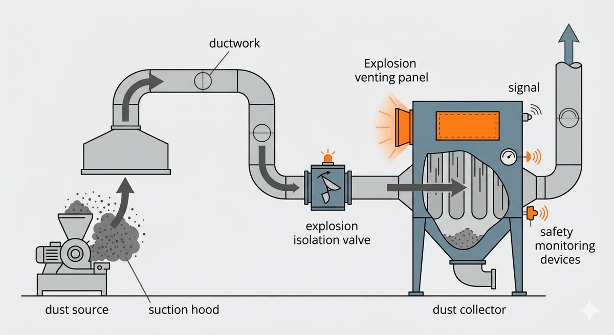 Combustible dust collector explosion venting and isolation equipment Combustible dust collector explosion venting and isolation equipment