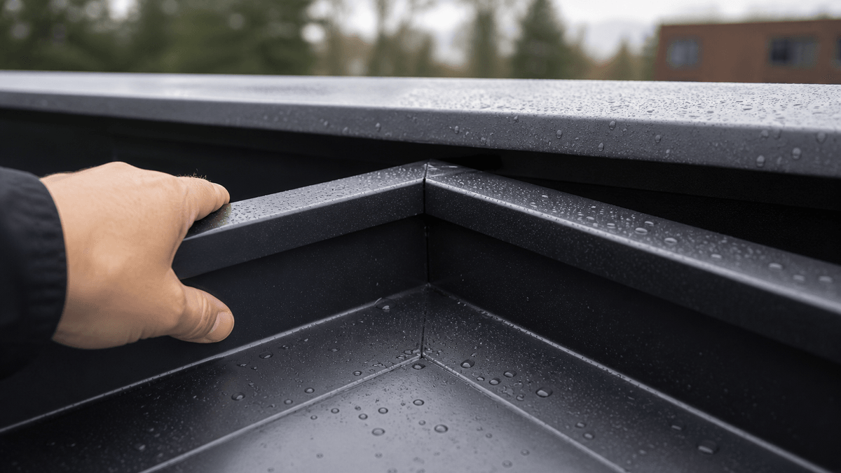 Bronze folded roof valley transition with multi-bend trim Bronze folded roof valley transition with multi-bend trim