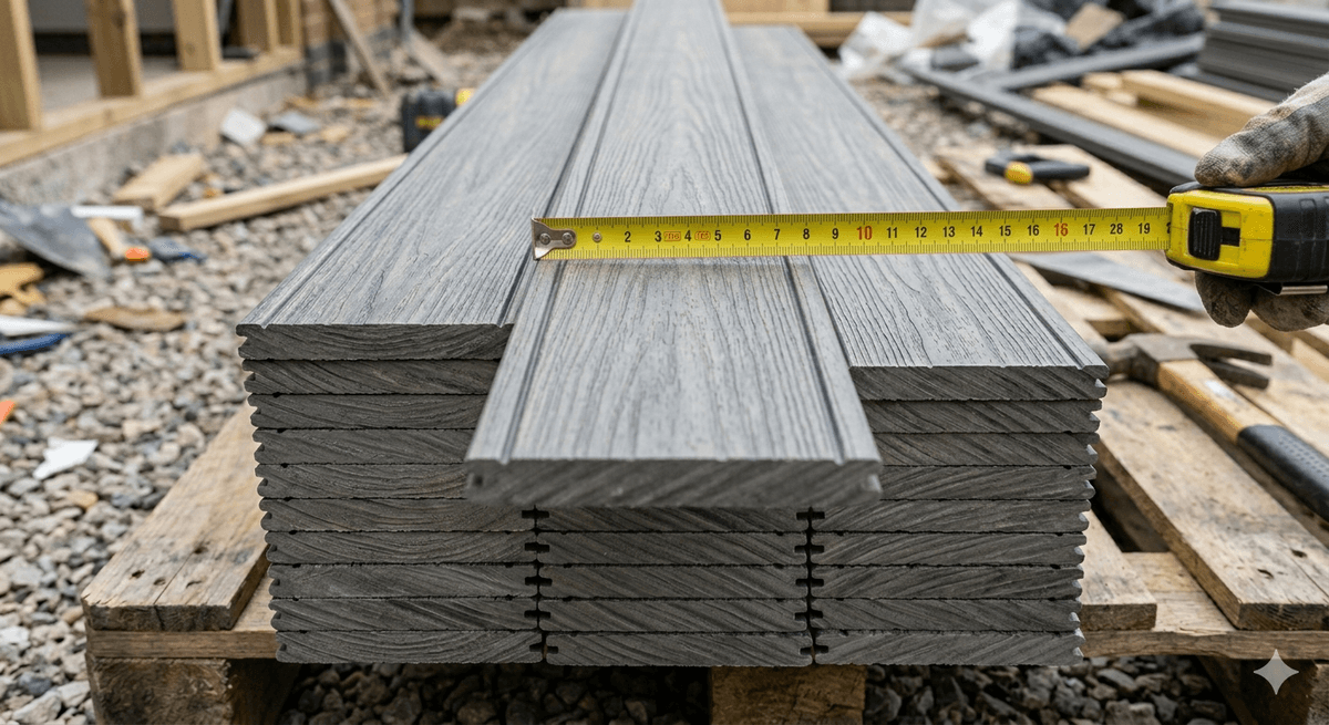 150mm wide composite decking boards stacked and measured on a jobsite before installation 150mm wide composite decking boards stacked and measured on a jobsite before installation