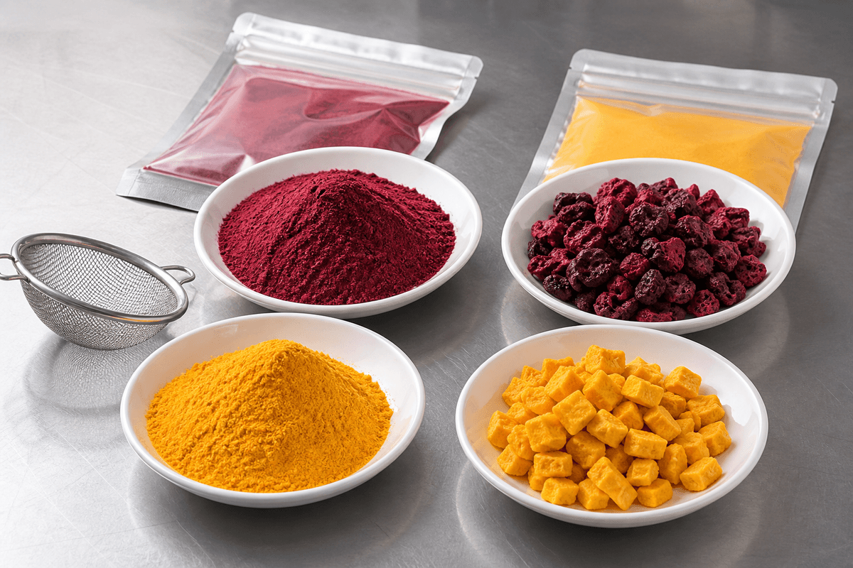 freeze-dried fruit powder and matching fruit pieces compared side by side freeze-dried fruit powder and matching fruit pieces compared side by side