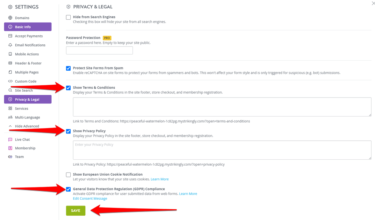 Strikingly legal settings for enabling GDPR compliance on a website Strikingly legal settings for enabling GDPR compliance on a website