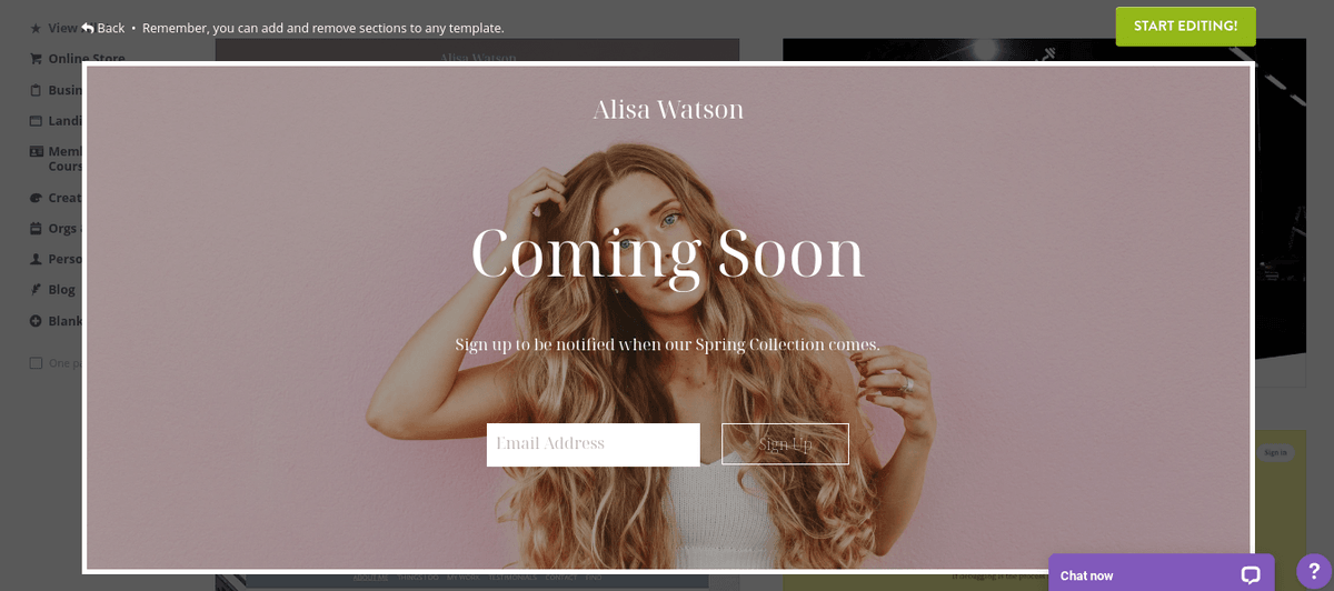 A Strikingly landing page preview combining an email field, signup action, and live chat A Strikingly landing page preview combining an email field, signup action, and live chat