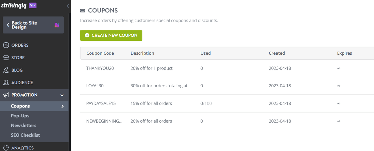 Strikingly coupon manager showing several customer offer types Strikingly coupon manager showing several customer offer types
