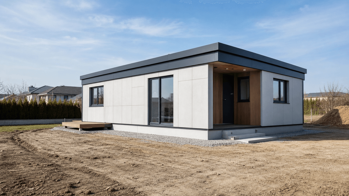 Casa modular prefabricada instalada en terreno nivelado Casa modular prefabricada instalada en terreno nivelado