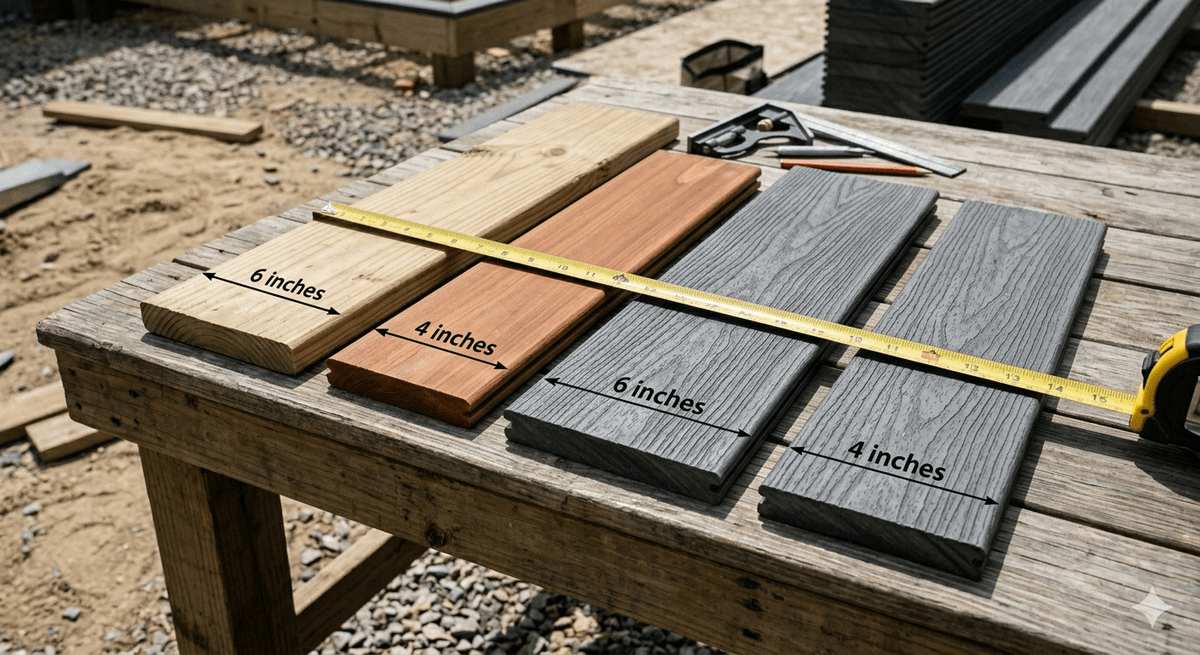 Composite deck boards in different widths arranged side by side for a size comparison Composite deck boards in different widths arranged side by side for a size comparison