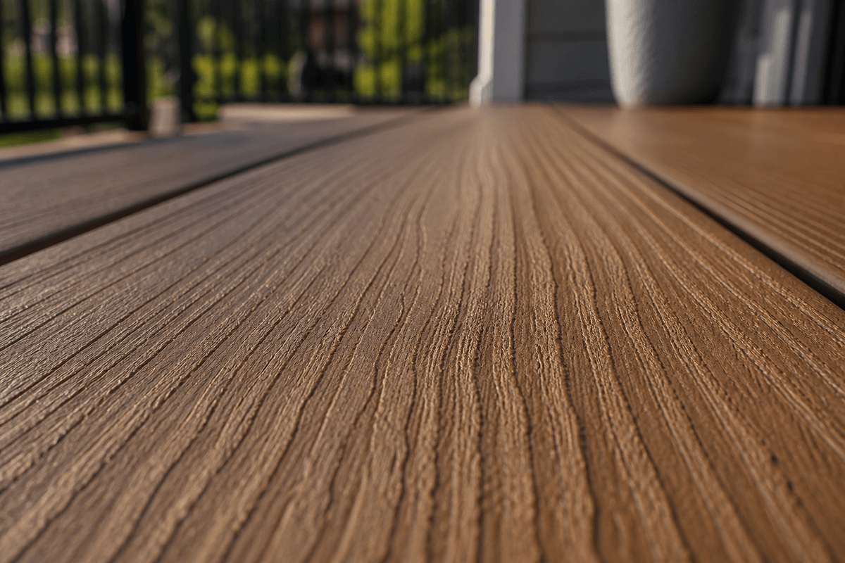 Close view of subtle embossed grain on a composite deck board Close view of subtle embossed grain on a composite deck board