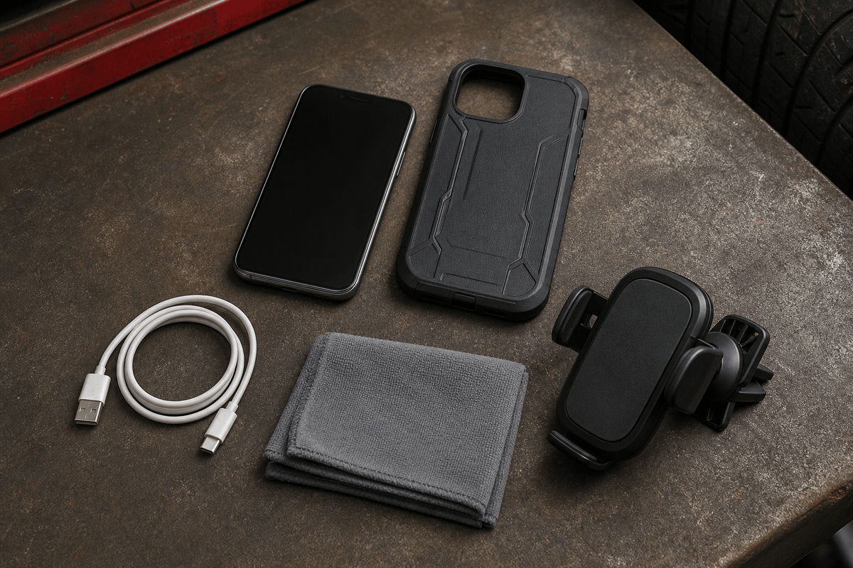 Phone holder stability checklist with case cable and cleaning cloth Phone holder stability checklist with case cable and cleaning cloth