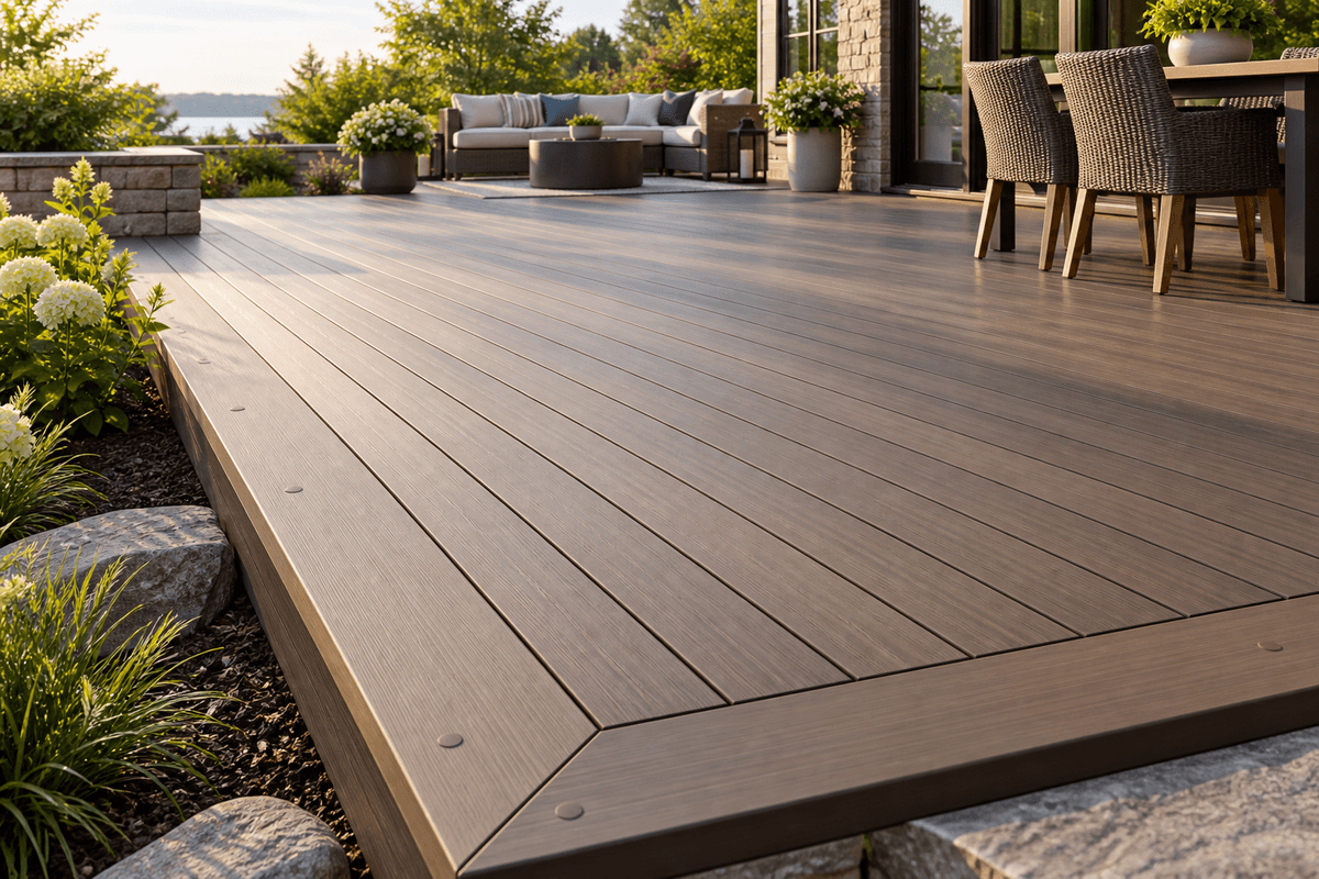 Composite deck border combining clips and plugged screws Composite deck border combining clips and plugged screws