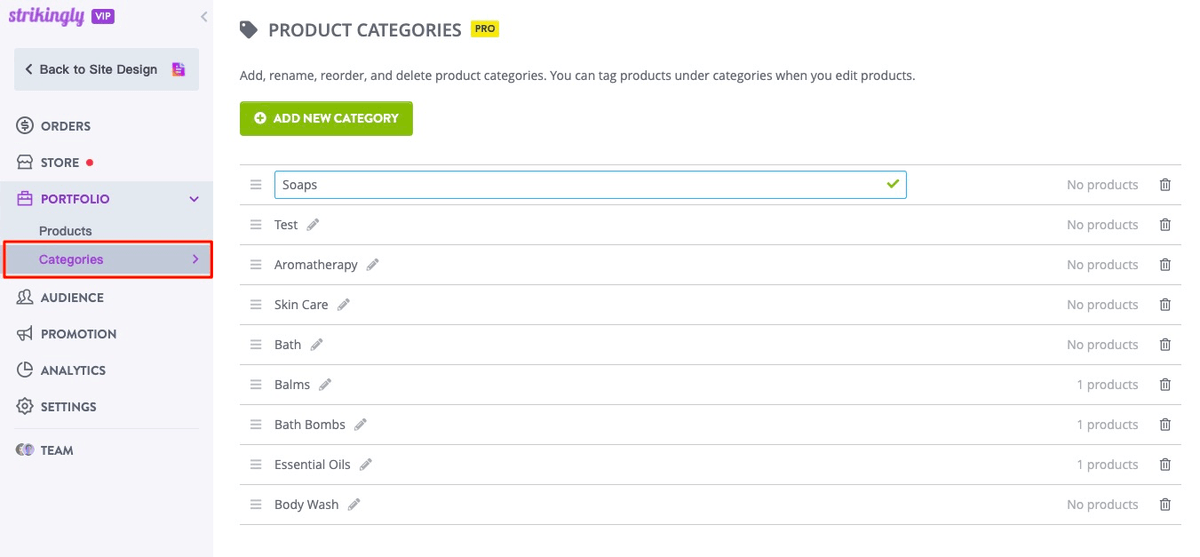 Strikingly portfolio category manager showing editable and reorderable category labels Strikingly portfolio category manager showing editable and reorderable category labels